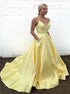 A Line Spaghetti Starps V Neck Yellow Prom Dress with Pockets LBQ2291